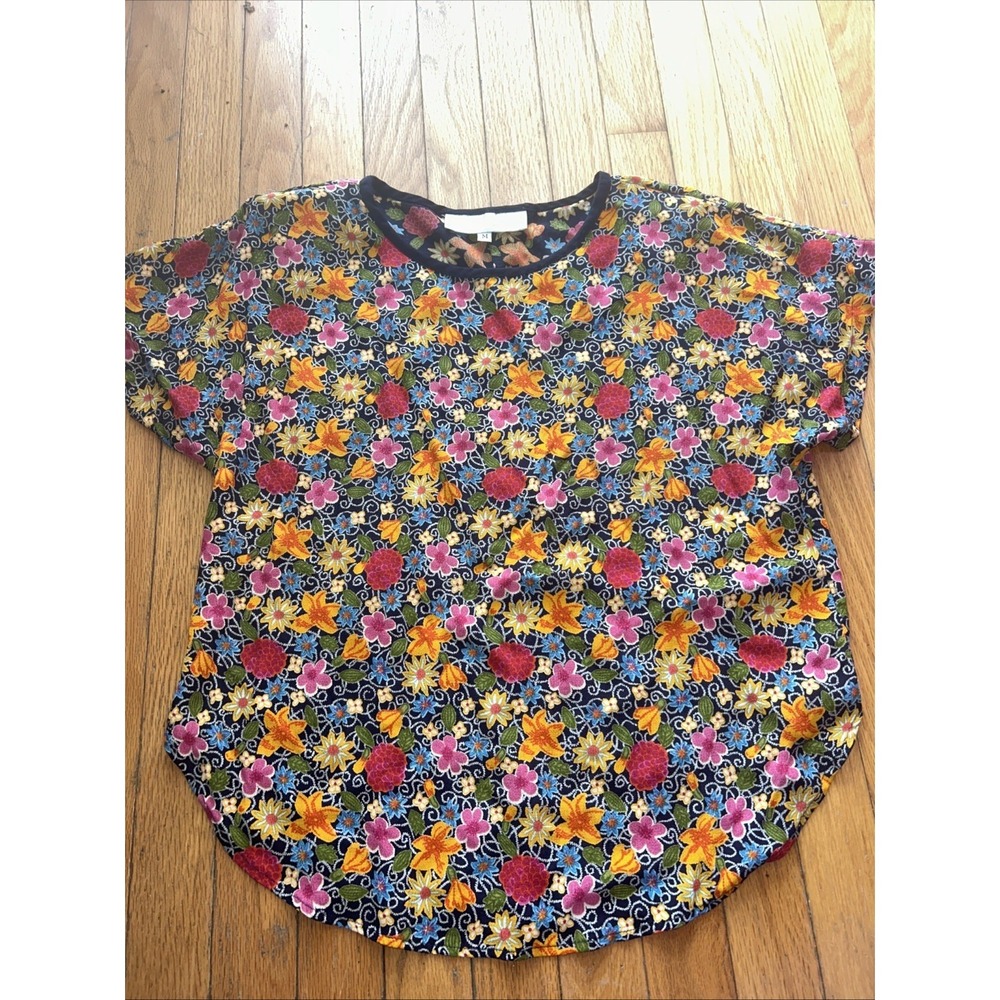Vintage Bright Floral Top 90s Romantic Cottagecore Medium Short Sleeve Blouse